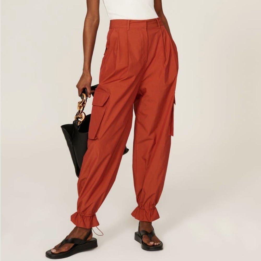 Drae Pleated High Waisted Cinch Ankle Baggy Nylon Cargo Pants Rust Orange Sz M
